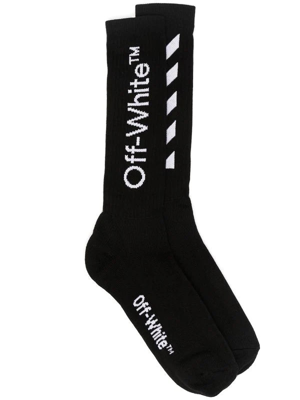 Black Off-White crew socks with white logo and diagonal stripe design, laid flat