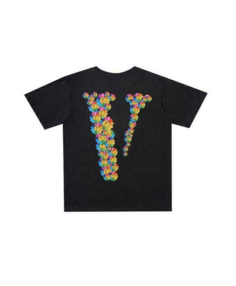 Black t-shirt with large V on the back made of colorful smiling flower graphics