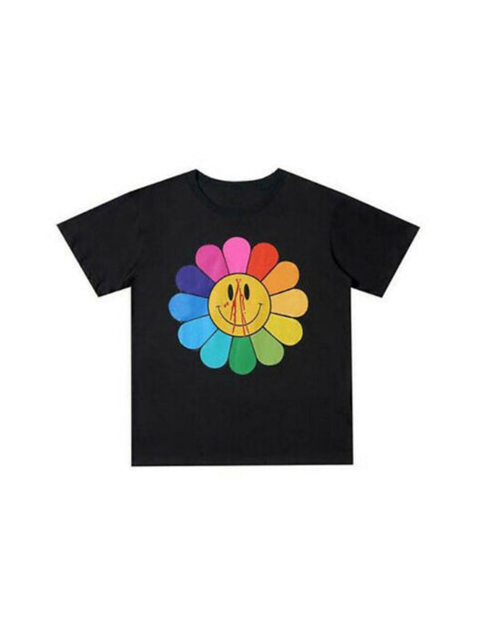 Black t-shirt with colorful rainbow flower and smiley face graphic on front