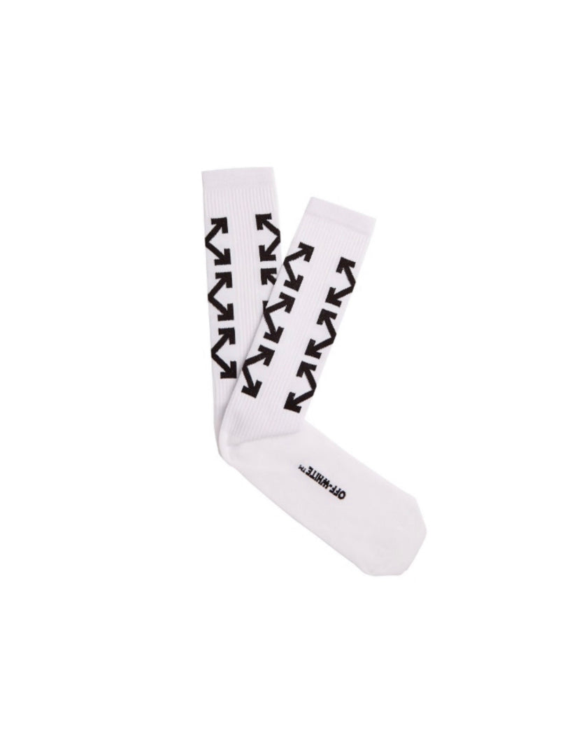 White crew socks with black arrows and Off-White branding on plain background