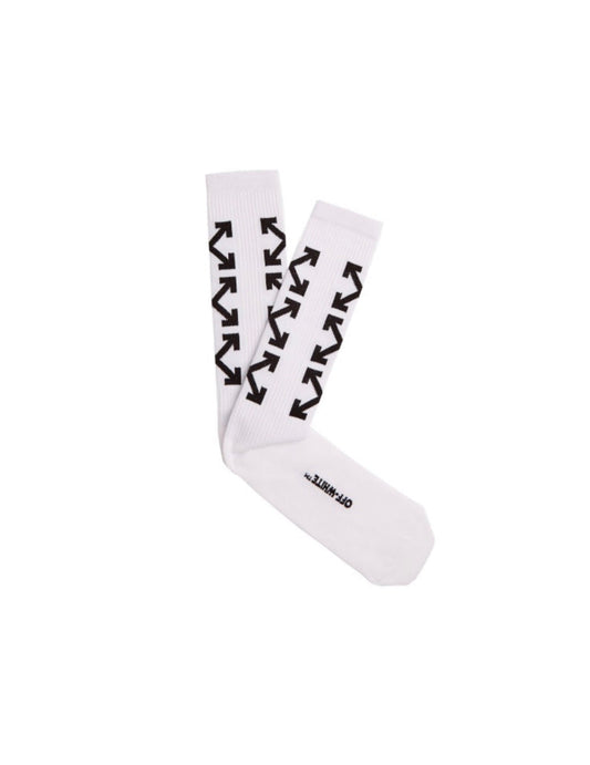 White crew socks with black arrows and Off-White branding on plain background