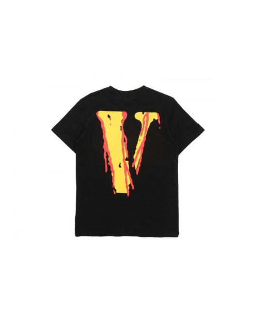Black t-shirt with large yellow and red dripping V graphic on the back, streetwear style