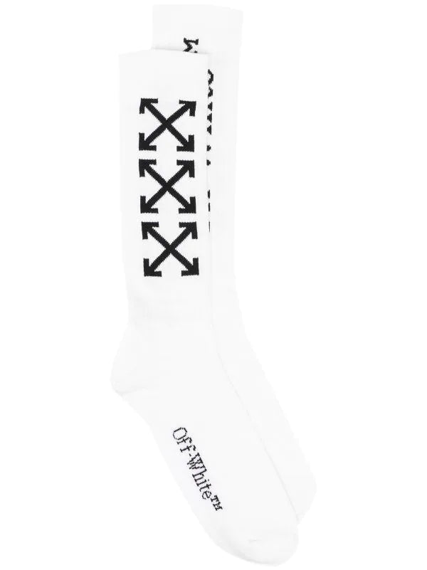 White Off-White socks with black arrows logo and Off-White branding